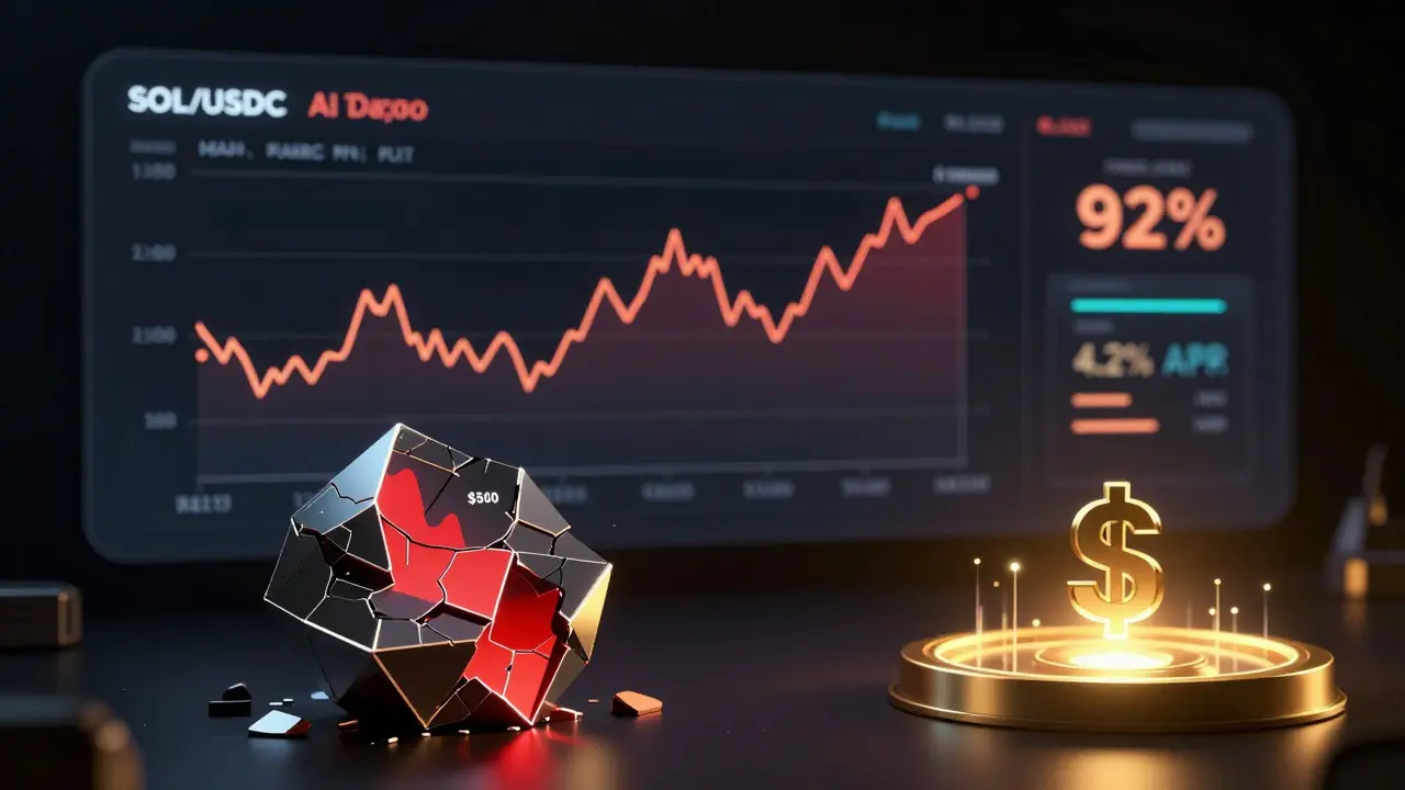 A futuristic DeFi dashboard projecting AI-predicted volatility, with a collapsing position in red and a stable USDC/DAI pool glowing safely in golden light, all in cyberpunk style.