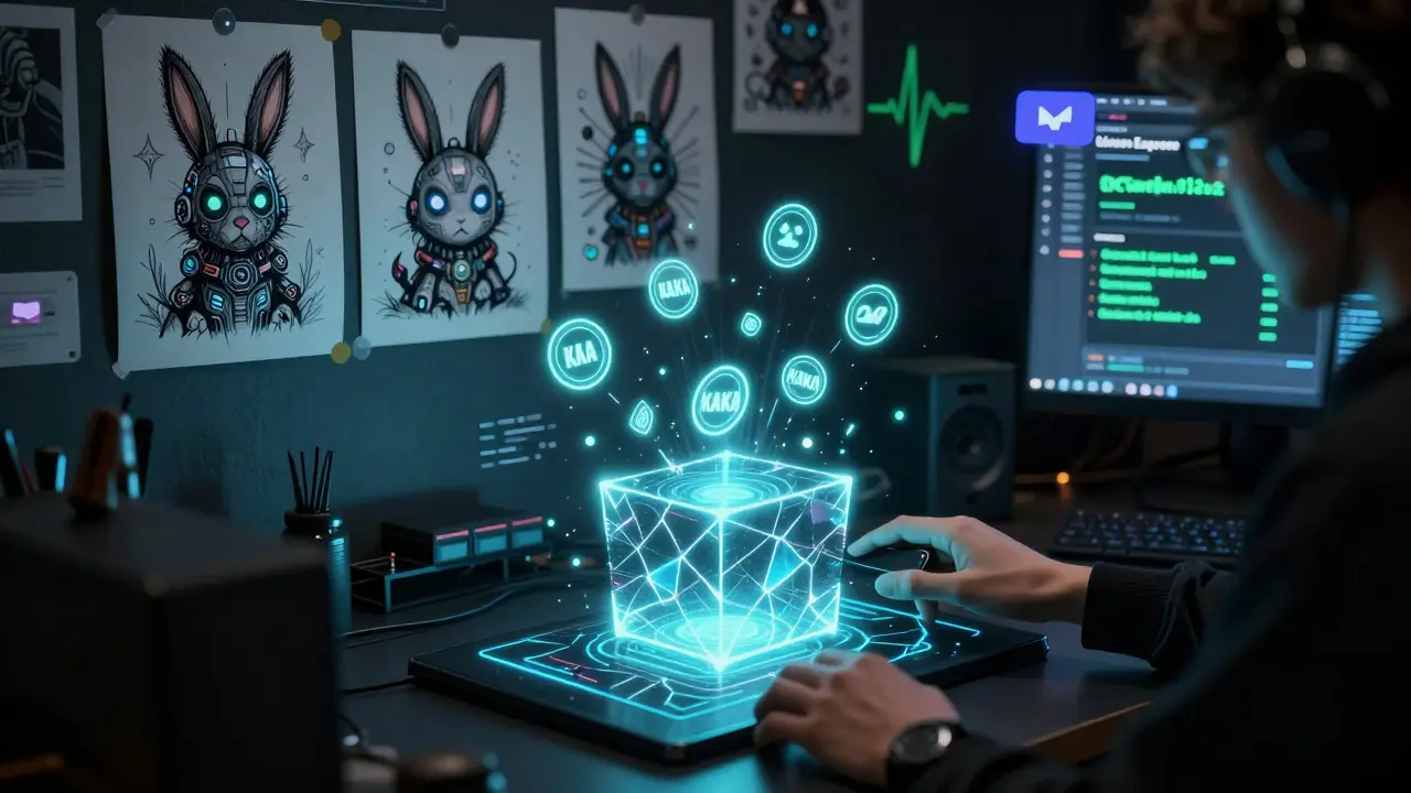 A hacker connecting a wallet to a terminal as KAKA tokens emerge and KAKA-rabbit NFTs glow on the walls.