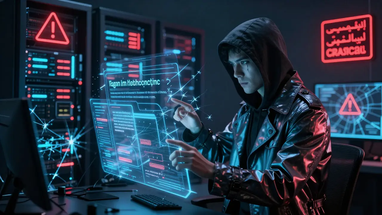 A hacker exposing two identical but malicious and benign hashes in a holographic smart contract interface.
