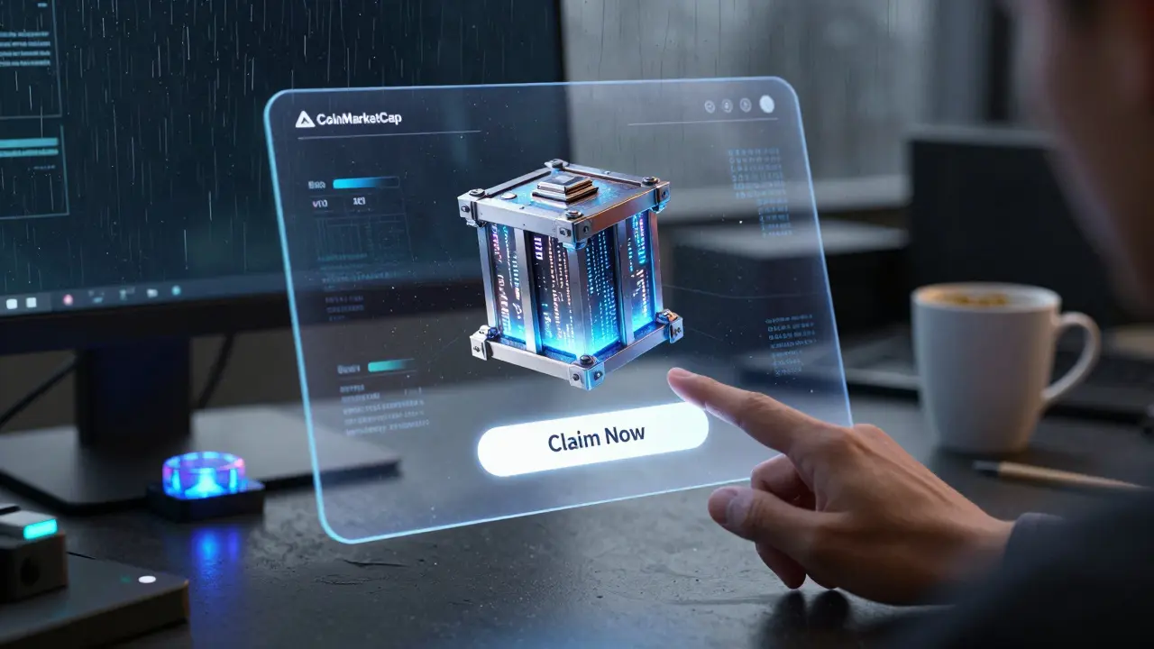 A hand clicks 'Claim Now' on a holographic CoinMarketCap interface as an Origin Tank NFT materializes nearby.