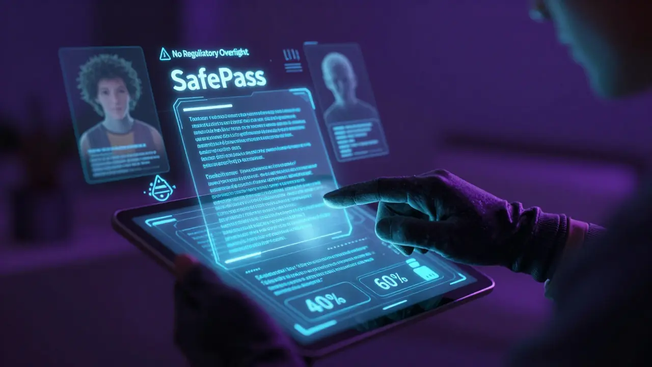 A hand using an AR interface to set crypto inheritance splits, with blockchain code and a 'No Regulatory Oversight' warning.