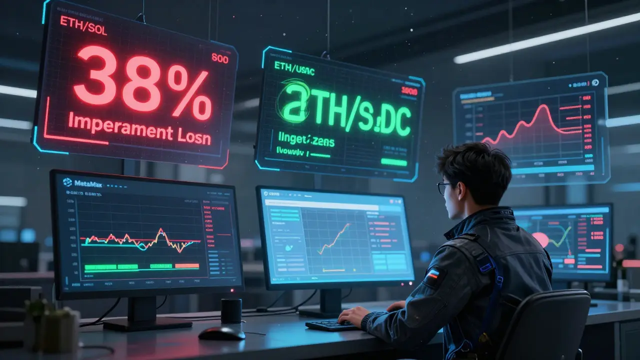 A high-tech DeFi control room with floating screens displaying volatile and stable liquidity pools, one warning of 38% loss, another showing net profit from fees, in a cyberpunk urban environment.