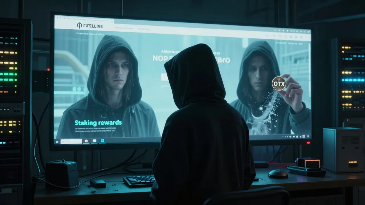 A lone figure facing a terminal where their past wealth dissolves into digital ash.