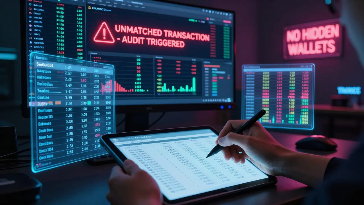 A person calculating crypto cost basis with floating charts and HMRC data streams flashing warnings.