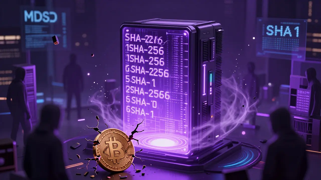 A quantum computer cracking SHA-256 hashes as ancient hash functions dissolve into digital ash.