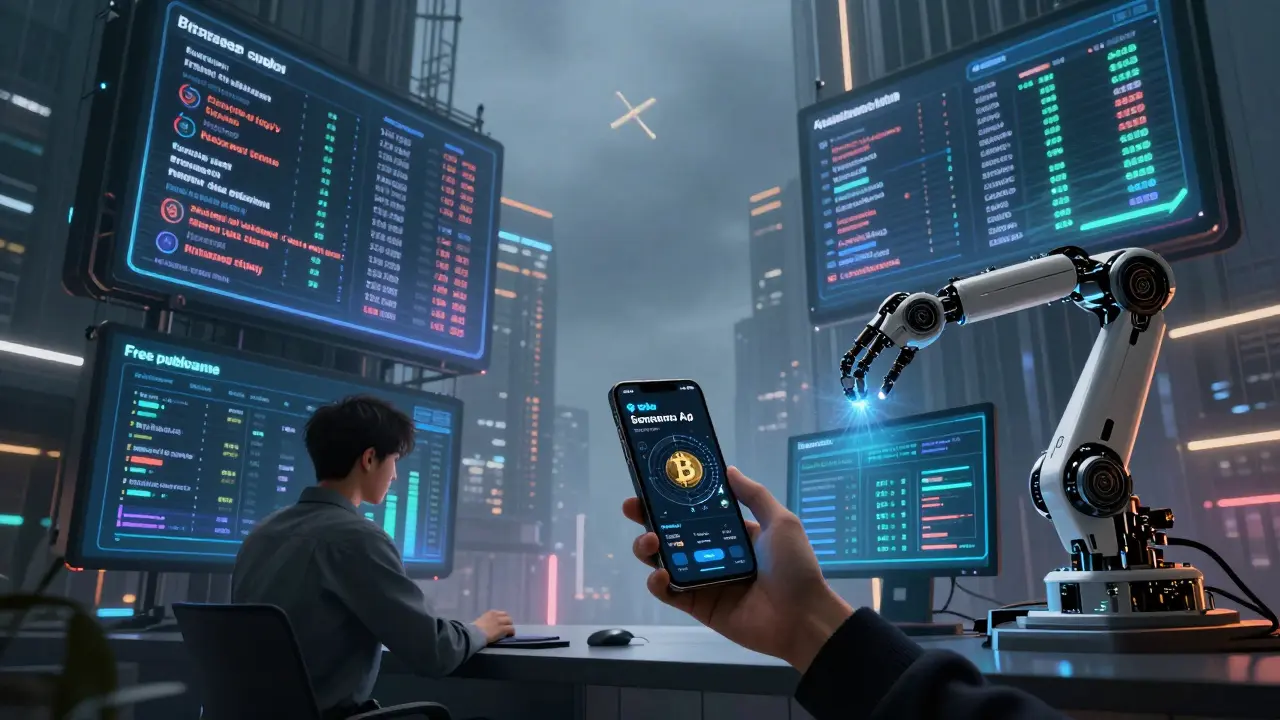A retail trader viewing free crypto dashboards while an AI system manages institutional portfolios, set against a neon-lit cityscape.