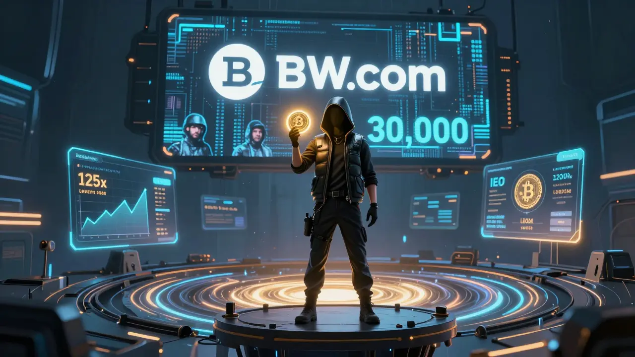A trader holding a glowing BWB token above a vortex of trading charts, with a digital billboard showing mined BTC and 125x leverage.