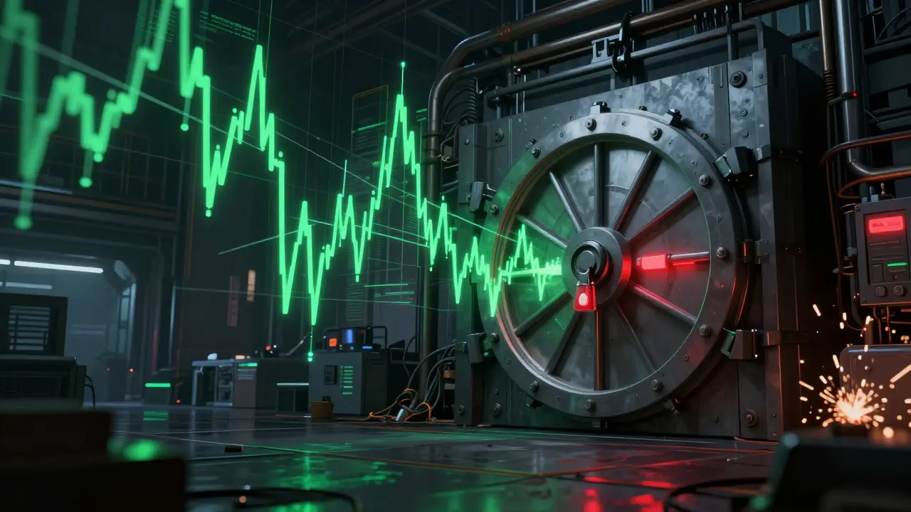 Abstract neon market lines dimming near a locked digital vault door.