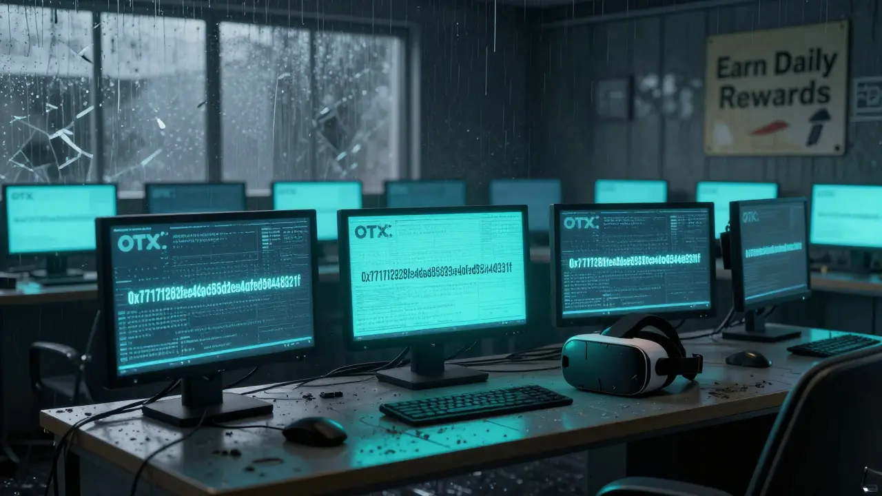 An abandoned crypto trading floor with static screens showing OTX's contract address.