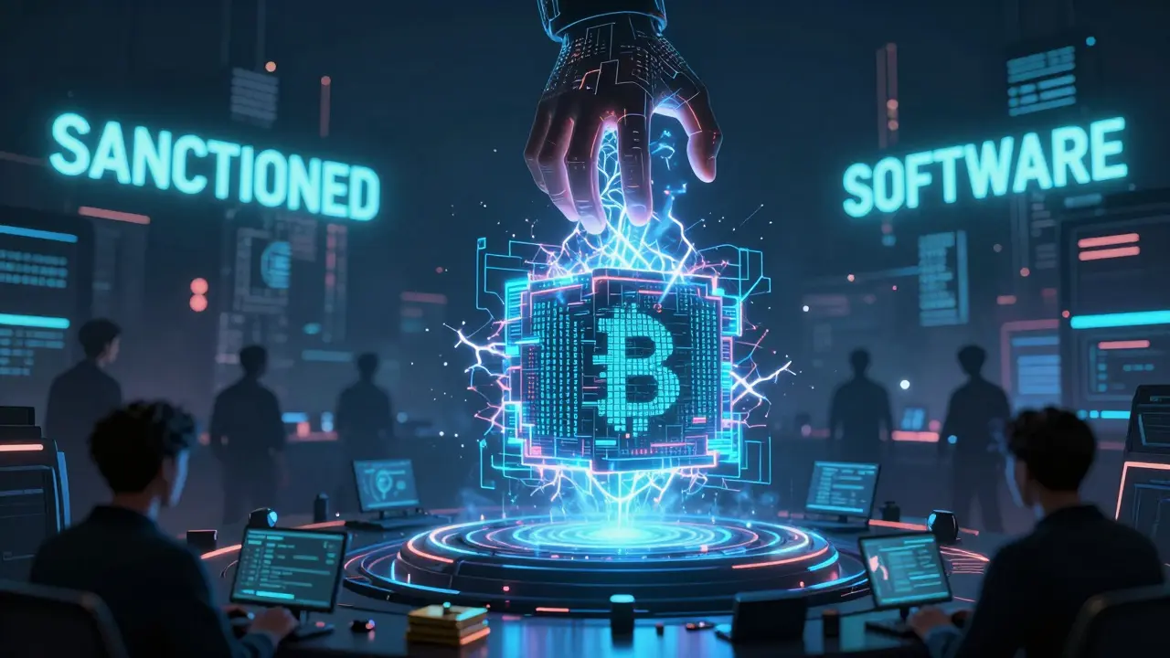 An AI trading bot is frozen by a digital hand from the U.S. Treasury, its code dissolving into ashes.