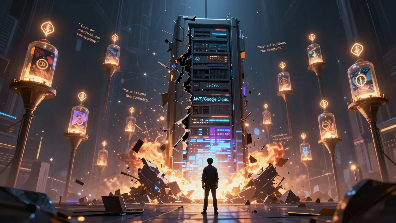 An artist watches a centralized server collapse while a radiant network of nodes preserves their NFT artwork.