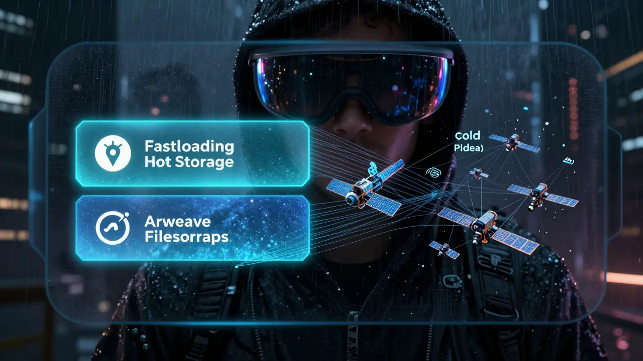 An augmented reality wallet showing hot and cold storage layers as data shards spread across a global network.
