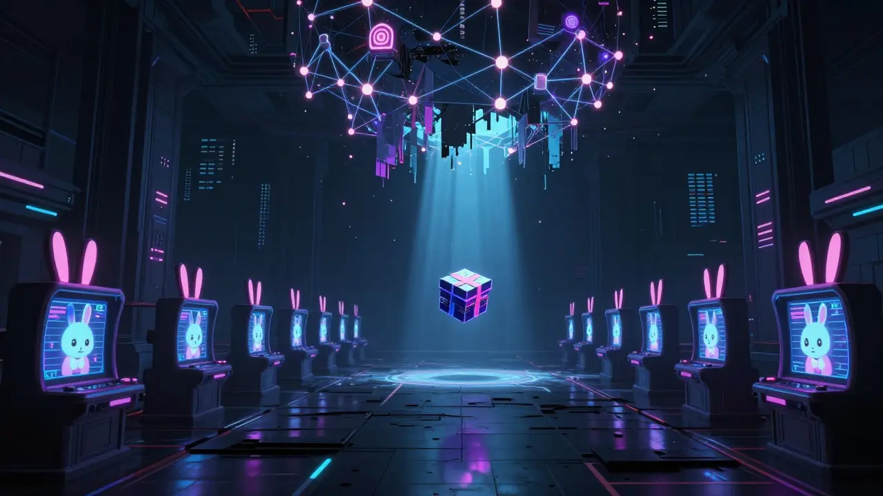 An empty digital arena with floating KAKA-rabbit NFTs and a lone drifting Mystery Box under a fading blockchain.