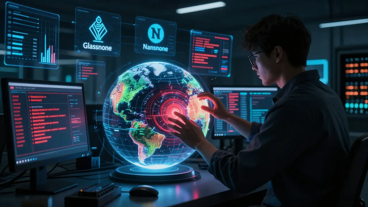 An institutional analytics hub with glowing blockchain heatmaps and alerts for false positives and privacy coin blind spots.