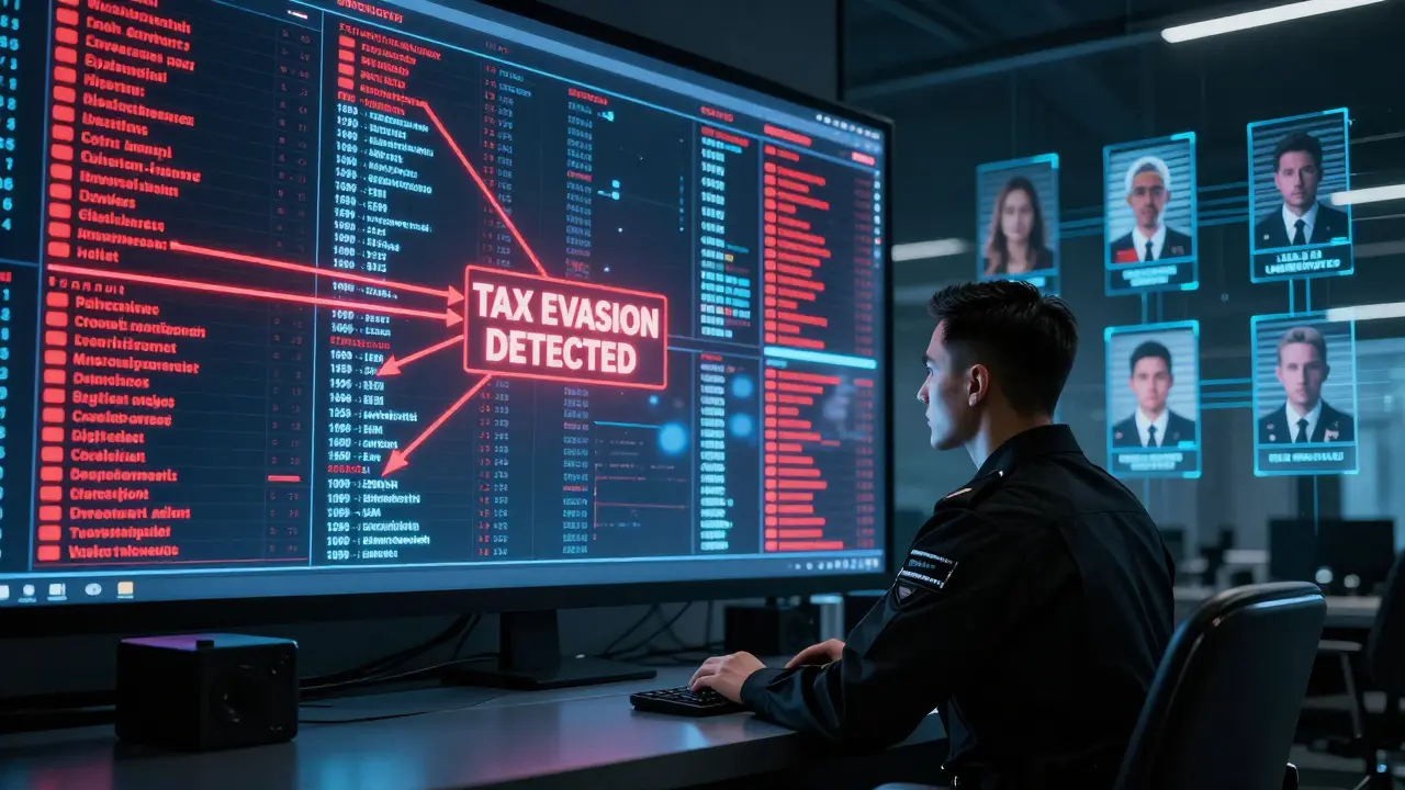 An IRS surveillance center displays real-time crypto transaction tracking with flagged tax evasion alerts.
