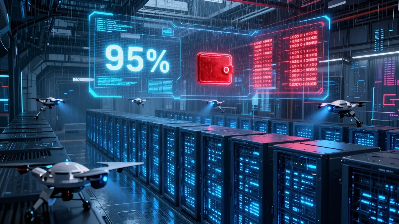 An underground vault with cold storage servers guarded by AI drones, displaying 95% of assets offline under glowing blue light.