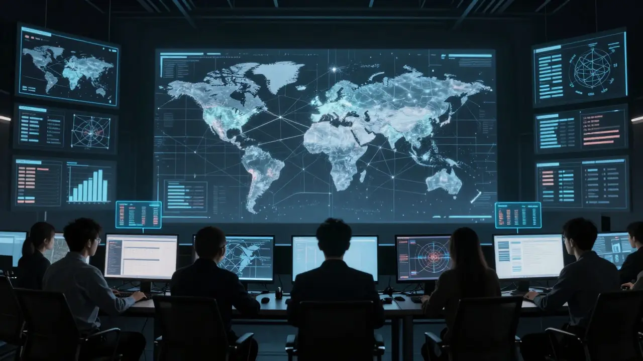 Analysts in a command center viewing global connection maps