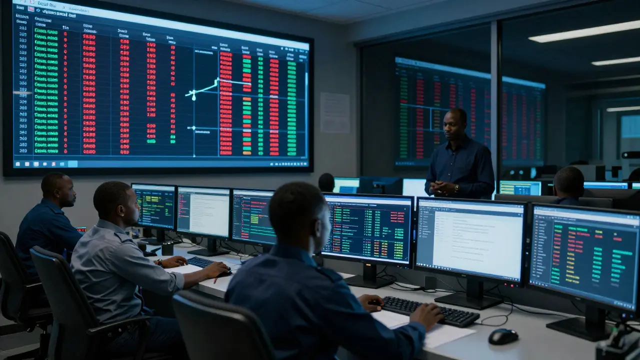 Bank compliance center monitoring live crypto transactions with glowing digital dashboards.