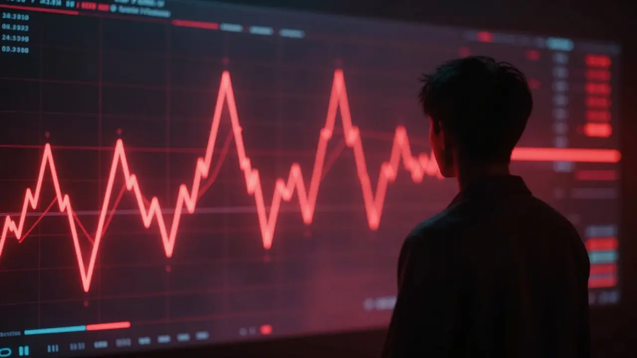 Chaotic jagged lines glowing red in a dark environment showing market risk