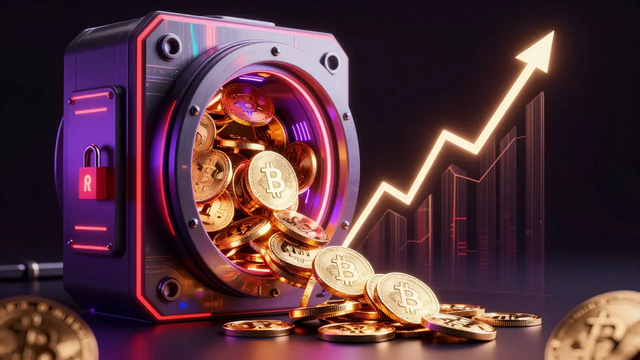 Digital art showing token buyback mechanics with neon glowing elements.