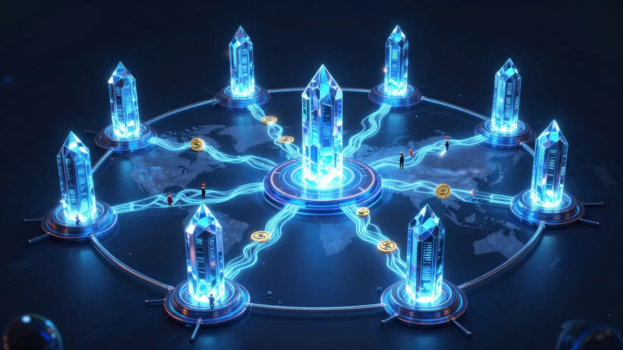 Global network of nine data centers connected by streams of $GMT and $GOMINING tokens, with user avatars linking in.