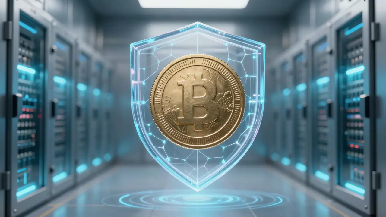Glowing digital shield protecting abstract cryptocurrency assets from threats.