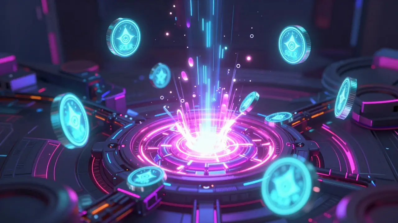 Glowing tokens entering a central vortex to represent economic burn mechanisms