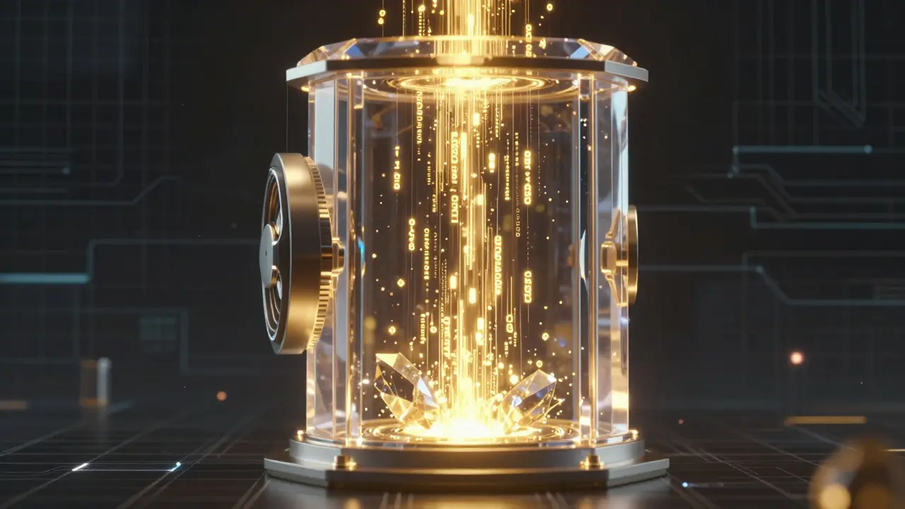 Golden energy flows through a crystal vault representing liquid staking assets.