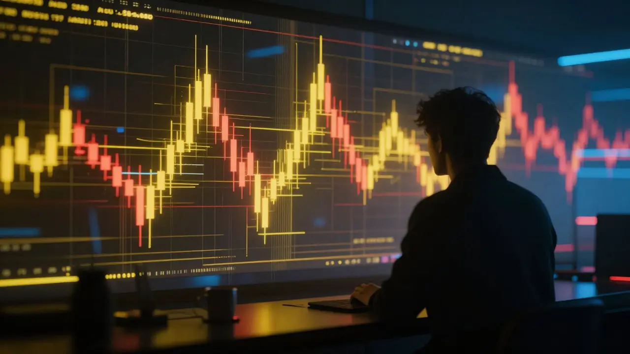 Moody cyberpunk scene depicting market volatility and financial risk factors.