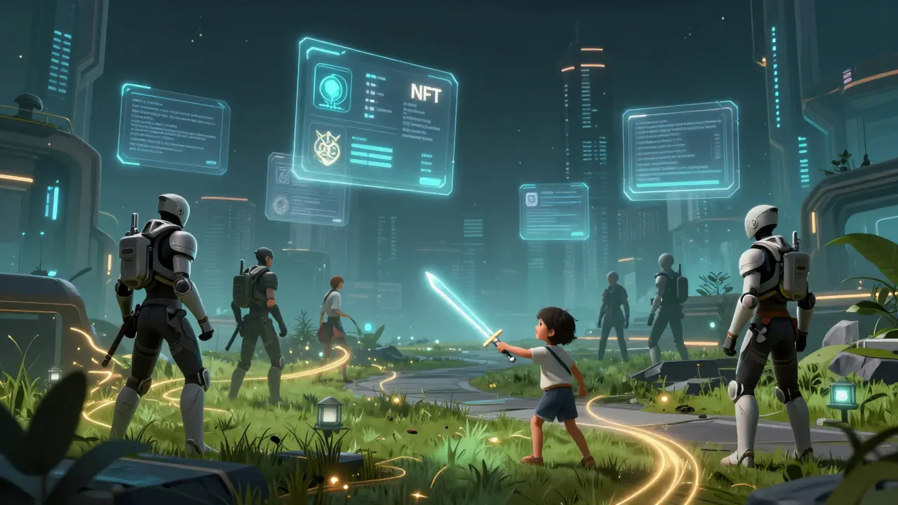 Players in a futuristic game exploring a beautiful virtual world with invisible blockchain ownership.