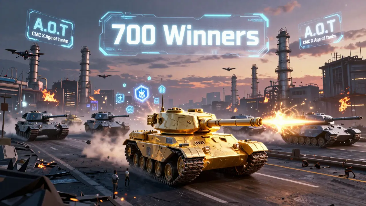 Seven hundred unique NFT tanks battle across a ruined cyberpunk city under glowing victory banners.