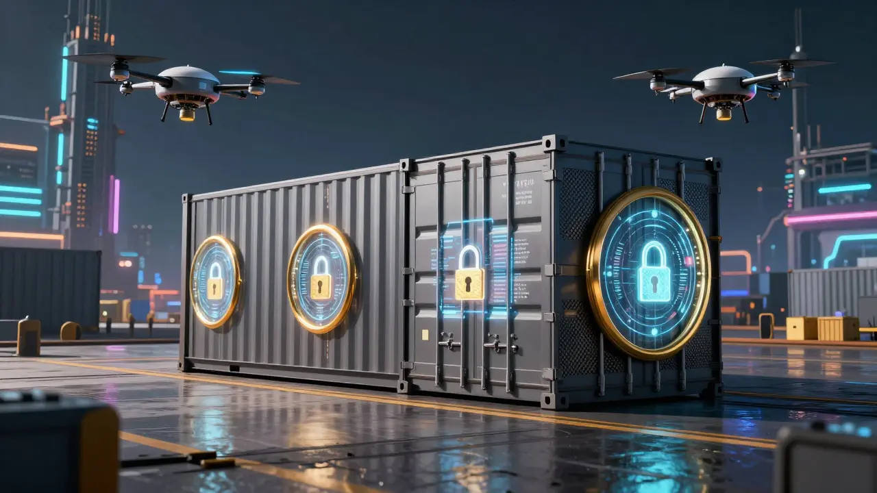 Shipping container with holographic security locks and drones.