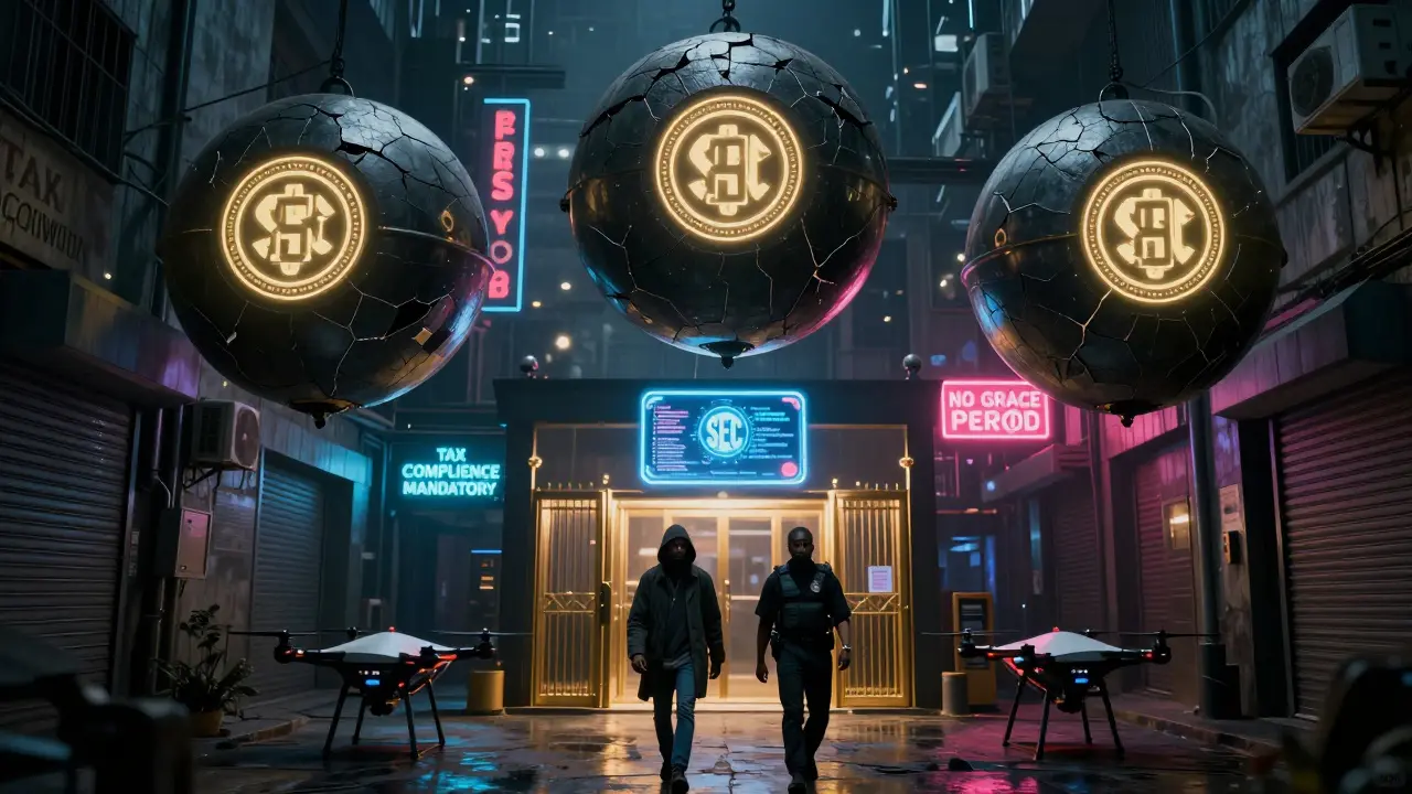 Shuttered crypto platforms with SEC seals while new licensed exchange opens in cyberpunk Lagos.