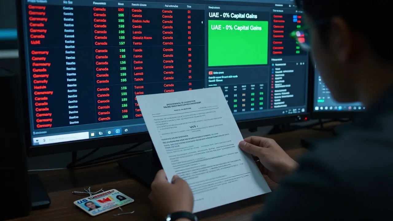 Someone in a Singapore crypto office reviewing holographic tax documents, with red alerts from the U.S. and Germany flashing behind them.