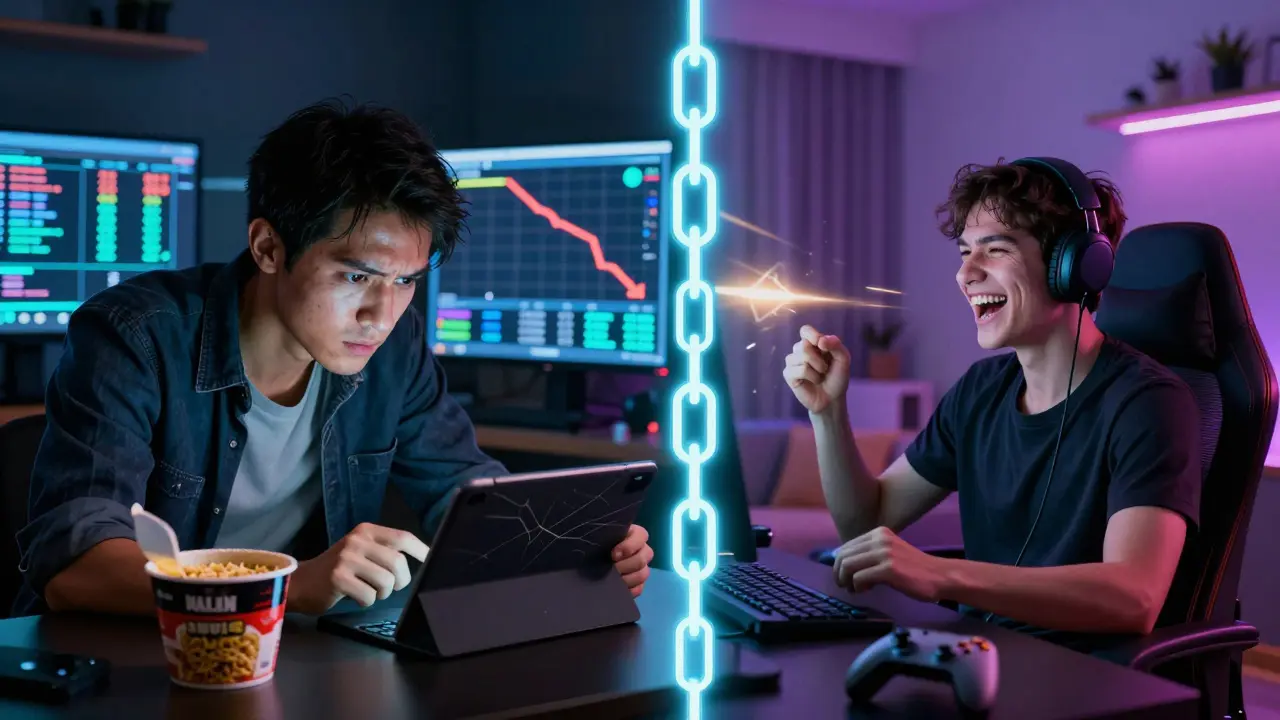 Split scene: a struggling P2E player in Manila vs. a relaxed traditional gamer in a cozy living room.