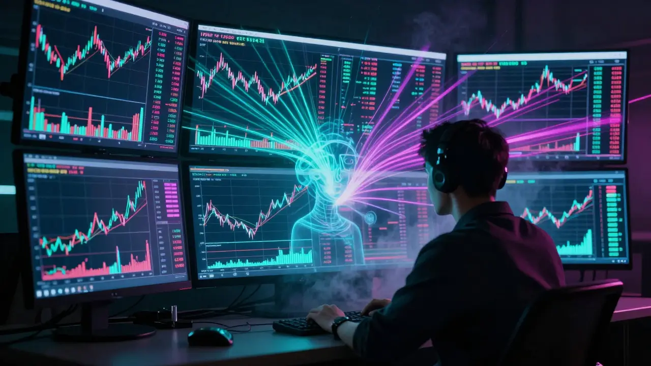 Trader at neon trading terminal with market charts
