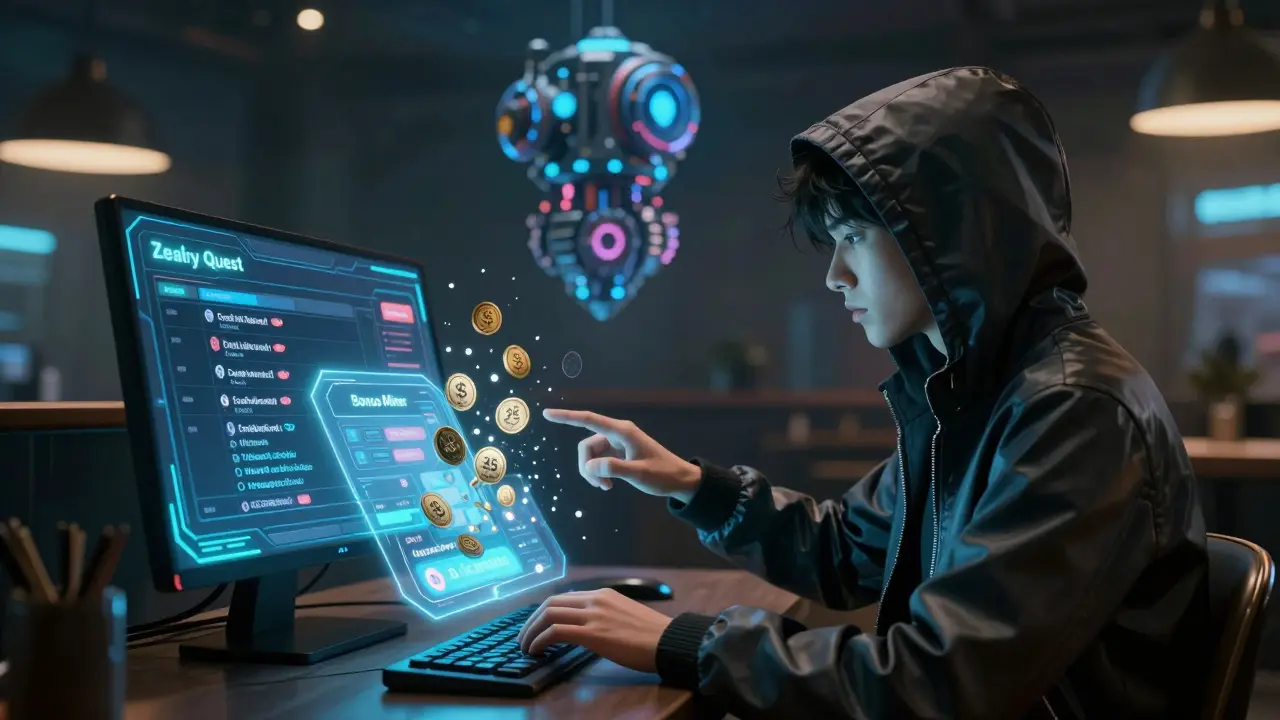 User activating a Bonus Miner on a holographic screen, receiving 25 $GOMINING tokens into their digital wallet.