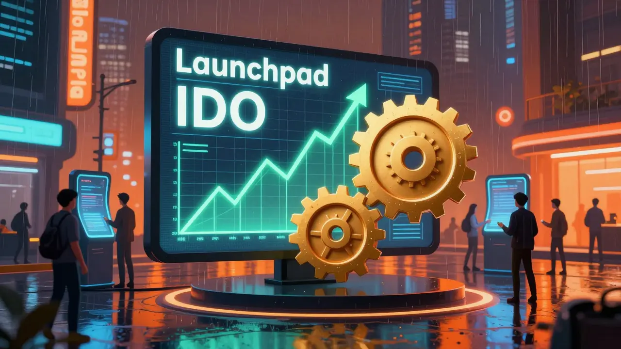 A futuristic cyberpunk financial hub displaying an IDO launchpad with holographic graphs.