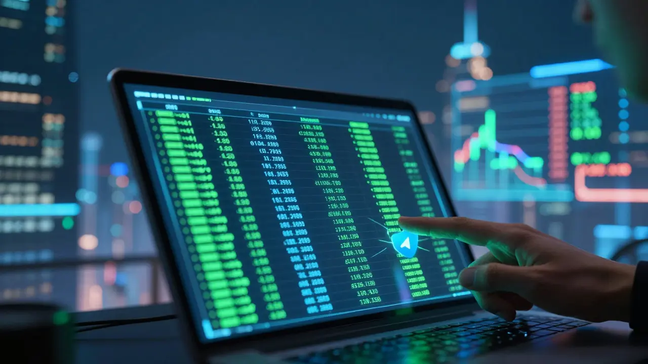 A futuristic device showing real-time trading alerts against a neon cyberpunk city background.