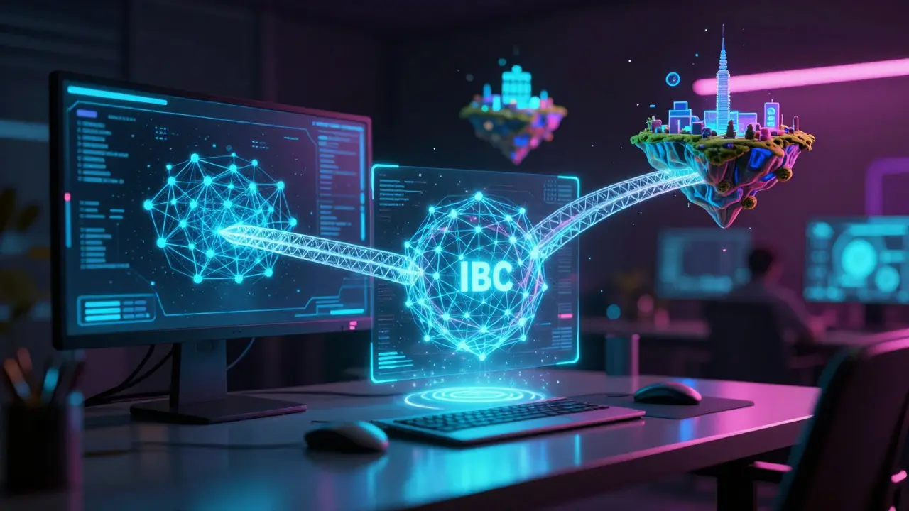 A futuristic holographic interface showing interconnected blockchain networks in a cyber-void.