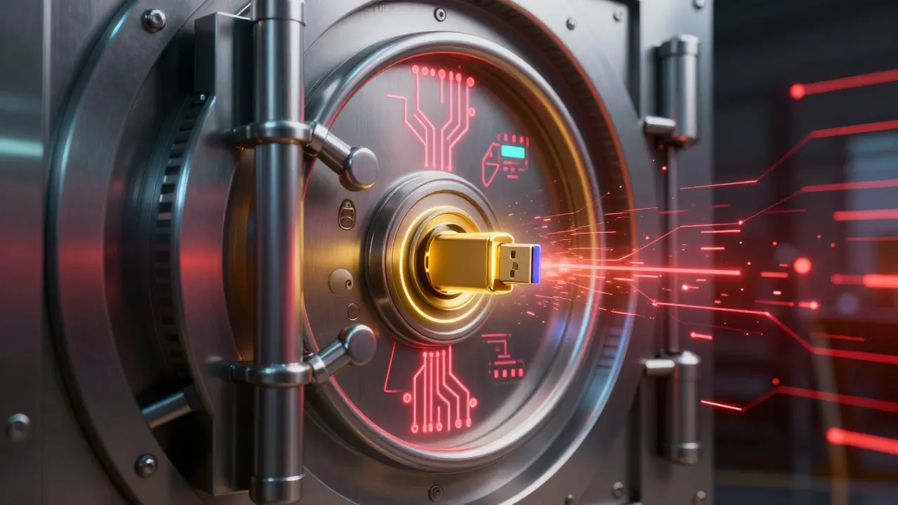 A futuristic metallic vault and a glowing hardware wallet protecting digital assets.