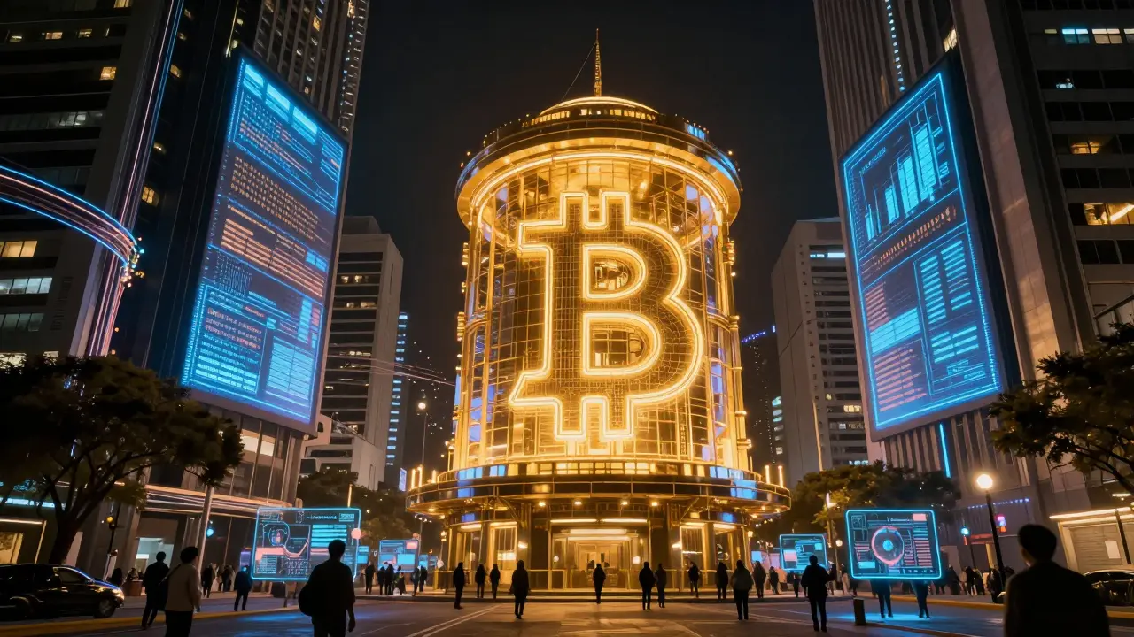 A giant glowing Bitcoin vault overlooking a futuristic cyberpunk Buenos Aires