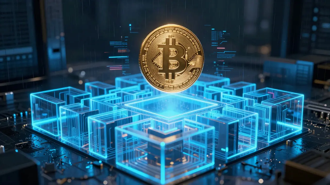 A glowing crypto coin acting as bait inside a neon blue digital circuit maze.