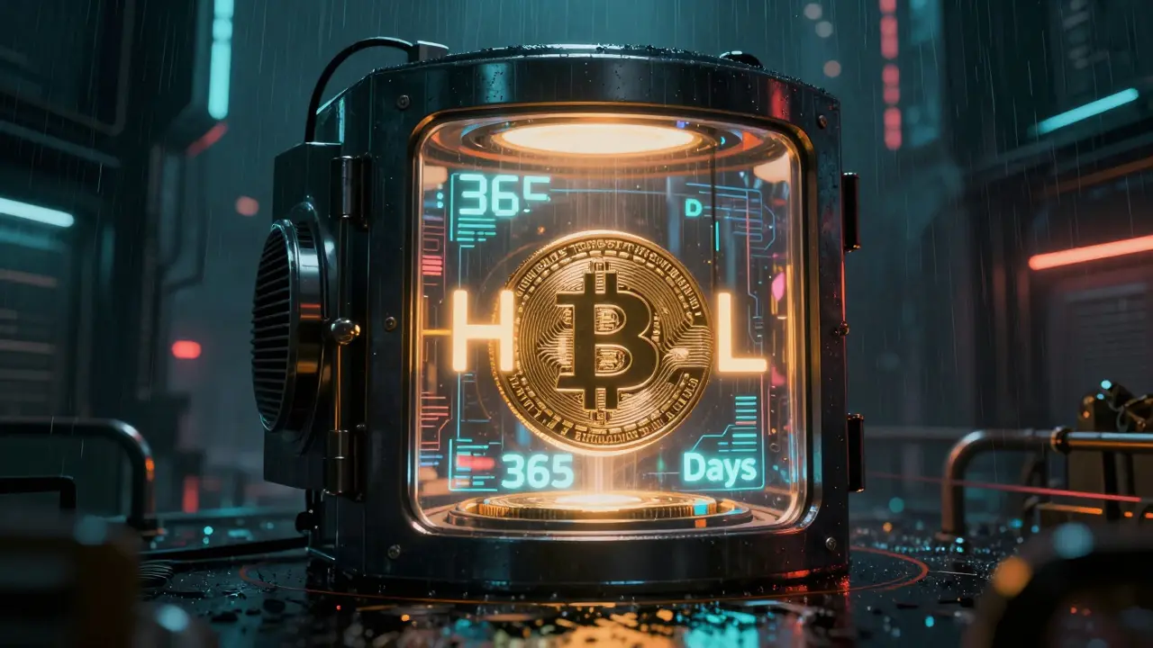 A glowing crypto coin in a high-tech vault with a 365-day holographic countdown timer.