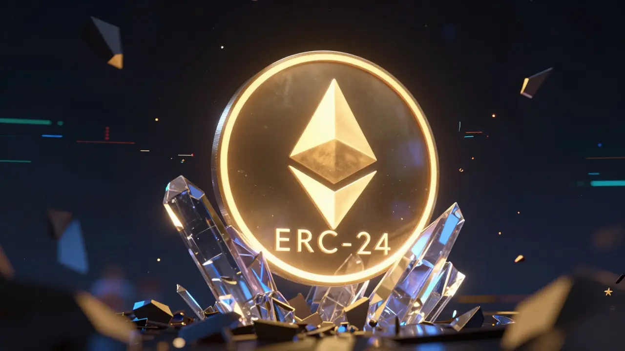 A glowing digital token inside a crystalline Ethereum structure with glitch effects