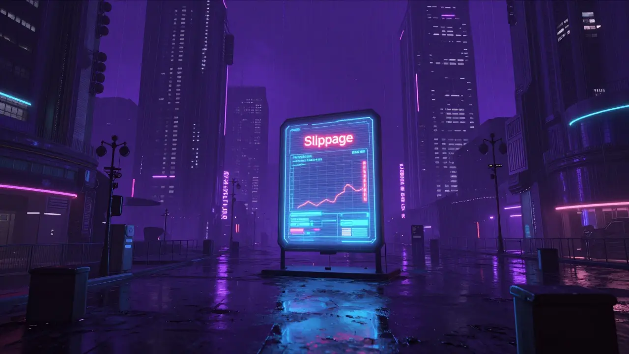 A lonely holographic trading terminal in a dark, rainy cyberpunk city.