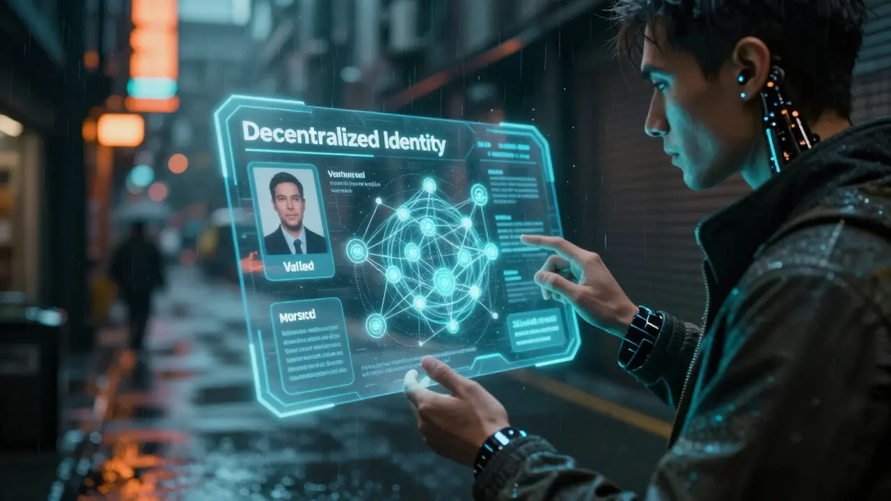 A person interacting with a holographic decentralized identity wallet in a futuristic neon city.