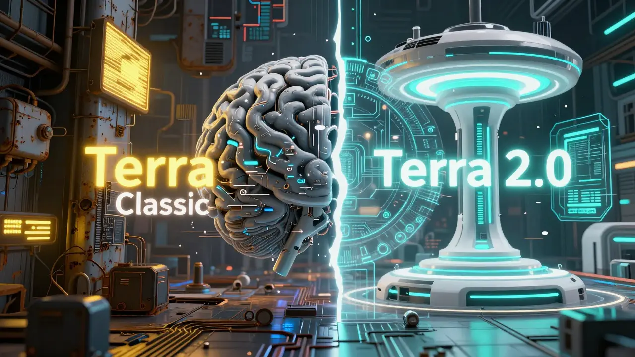 A split screen showing a decaying industrial cyber-city versus a sleek, modern digital hub.