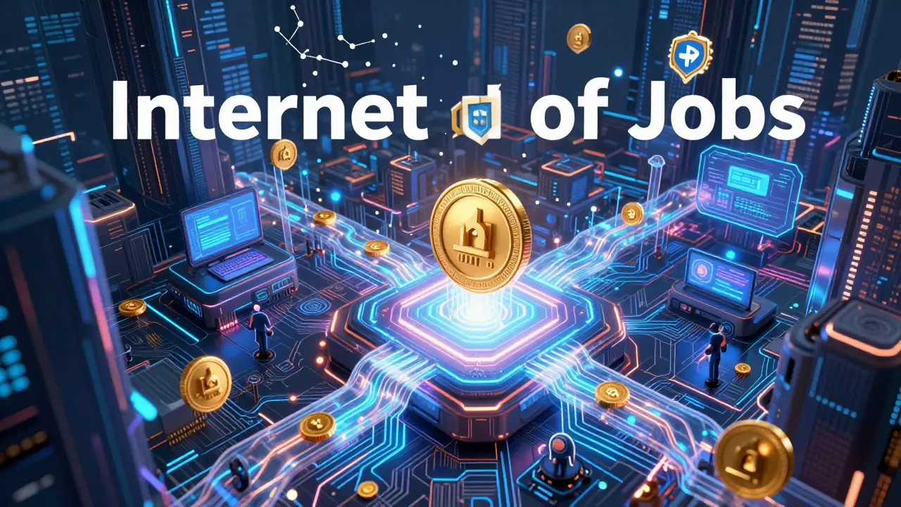 A sprawling cyberpunk city powered by glowing WORK tokens and floating NFT achievement badges.