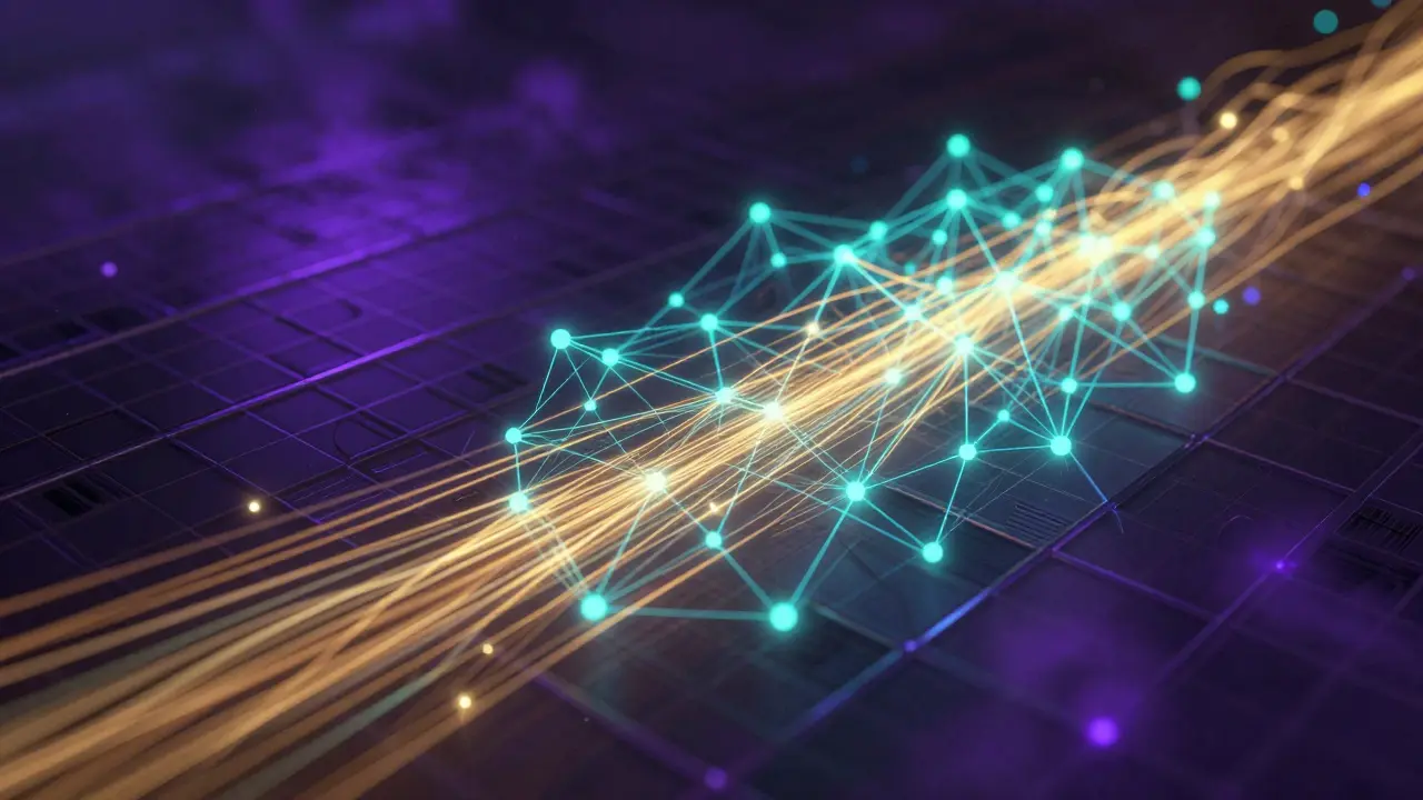 Abstract glowing data streams representing blockchain network connectivity.